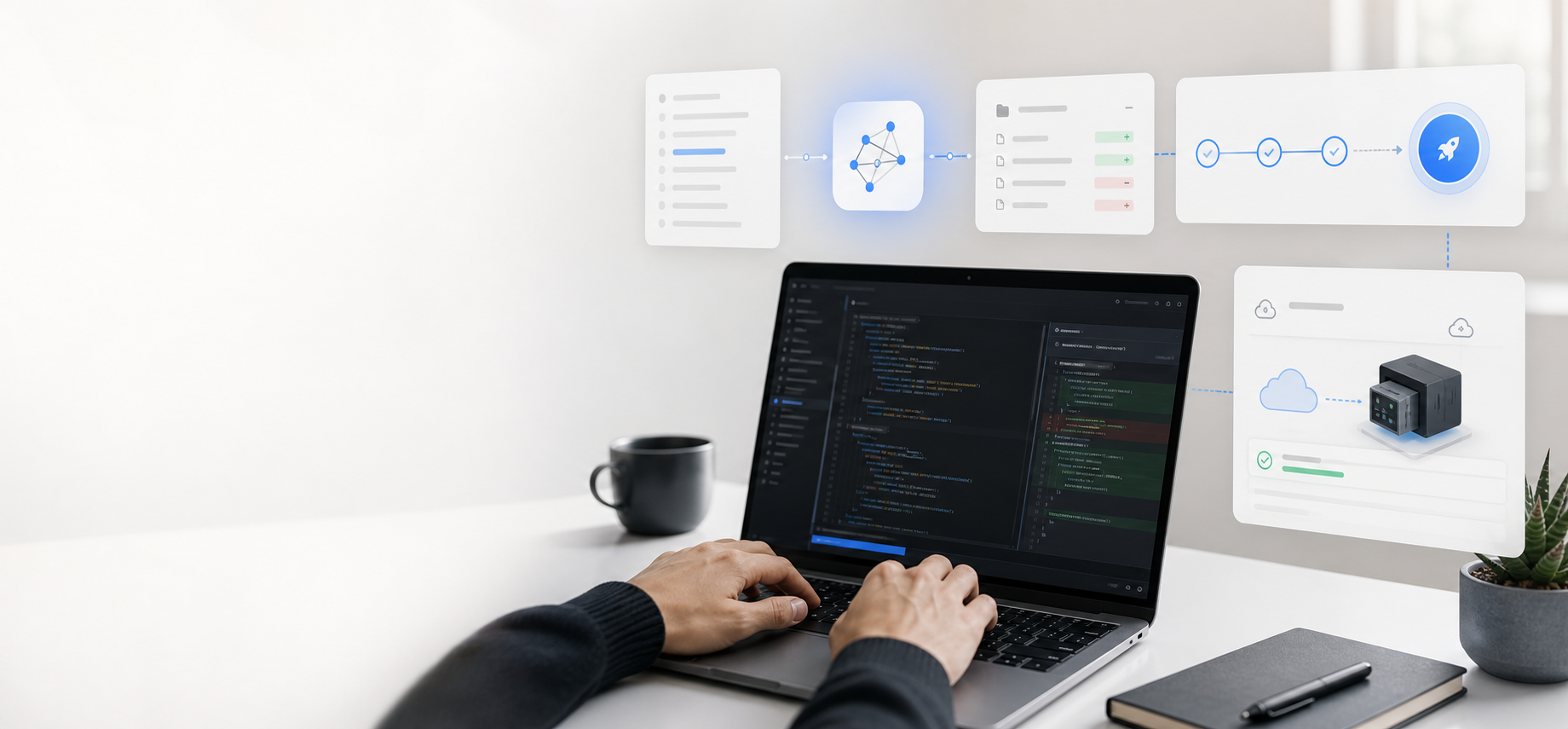 A polished workstation illustration showing an AI coding workflow turning tasks into deployed changes.